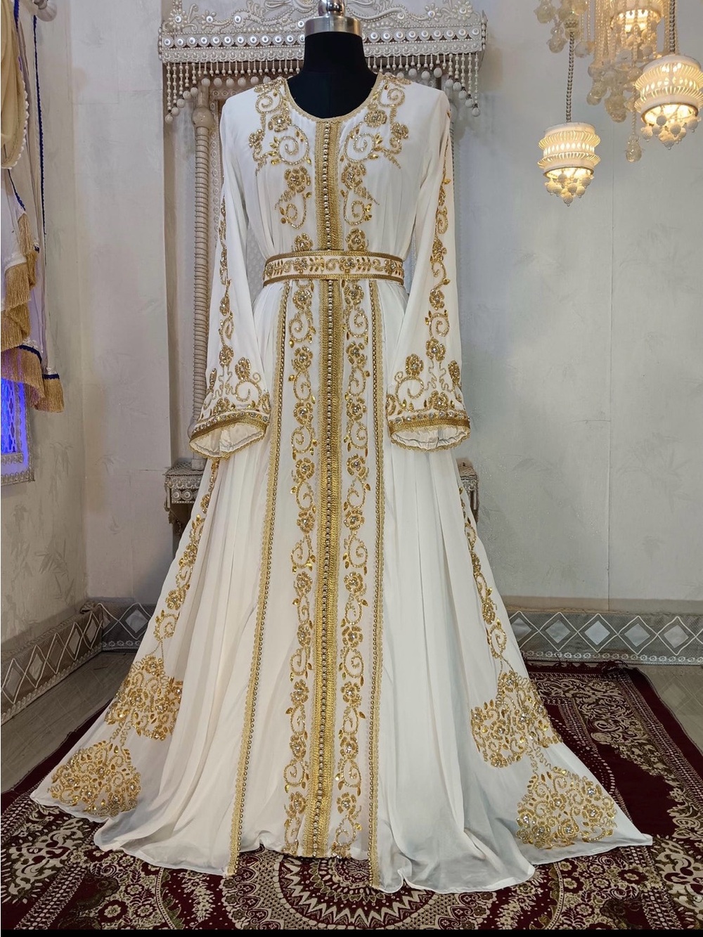 Elegant White & Gold Embroidered Long Sleeve Dress hijab kaftan
